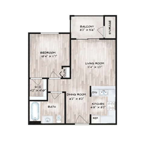 Floor plan for 1 bed, 1 bath, 540 sqft